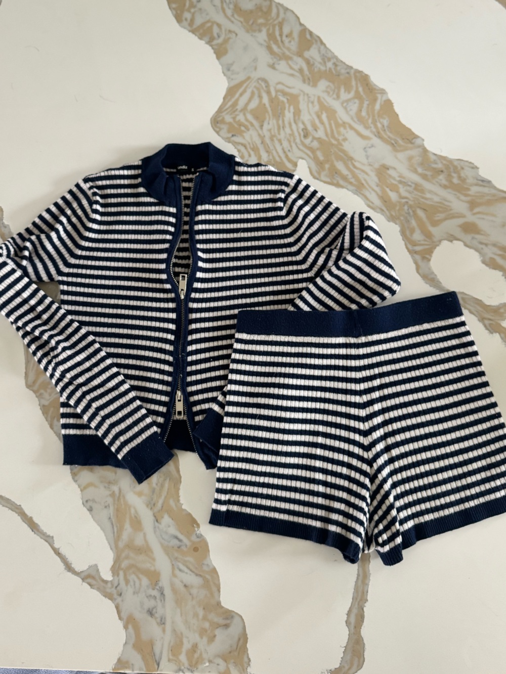 Navy and White Striped Zip-Up Cardigan Set